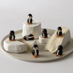 small penguins are sitting on top of cheese