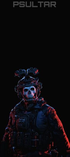 a man with a skull on his face and helmet in front of a black background