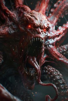 an octopus with its mouth open and glowing red eyes