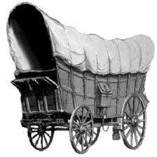 a black and white drawing of a covered wagon