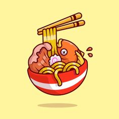 a bowl filled with noodles, meat and chopsticks on top of it's side