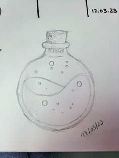 a drawing of a glass bottle with water in it and bubbles on the bottom half