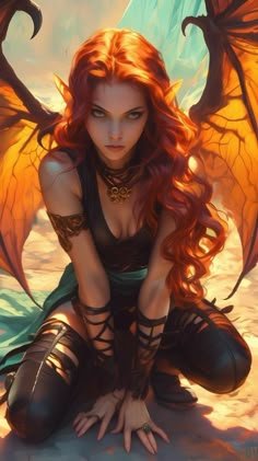 a woman with red hair and wings sitting on the ground