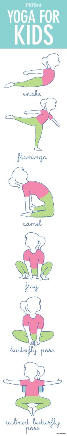 the yoga for kids poster is shown in pink, green and blue