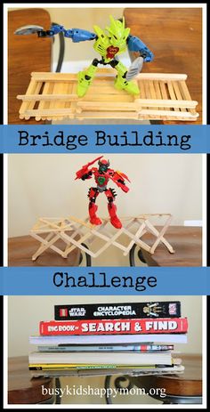 three different pictures with the words bridge building challenge and books on top of each one