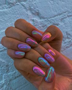 Neon And Chrome Nails, Chrome Blob Nails, Chrome Neon Nails, Halloween Chrome Nails, Chrome Halloween Nails, Colorful Chrome Nails, Orange Chrome Nails, Aurora Nail Art, Summer Nails Inspiration