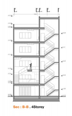 an architectural drawing shows the interior section of a three story building with stairs and windows