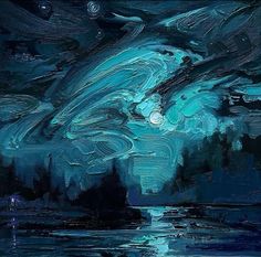 an abstract painting of the night sky and water