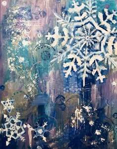 an abstract painting with snowflakes and other things on it's surface,