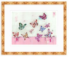 a painting with many butterflies flying in the air and on top of a pink surface