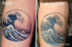 before and after photos of a tattoo on the left side of his arm that shows an ocean wave