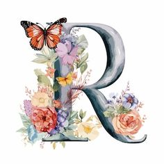 the letter r is decorated with flowers and butterflies