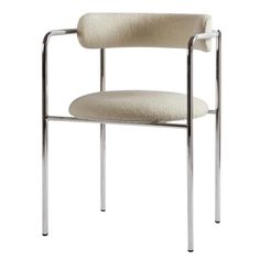 a white chair with a metal frame and arm rests on a white surface, while the seat is upholstered