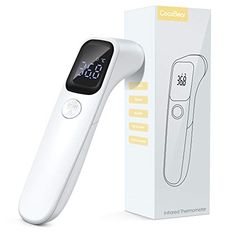 an electronic thermometer is in front of a box with it's packaging