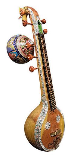 a musical instrument with an elaborate design on it's body and two strings attached to the neck