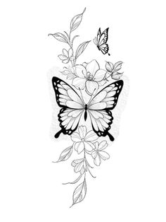 a black and white drawing of a butterfly with flowers on it's back side