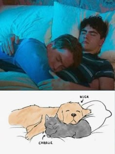 a man sleeping in bed next to a drawing of a dog and cat with the caption nick charlie