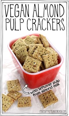 vegan almond pulp crackers in a red bowl with the text vegan almond pulp crackers