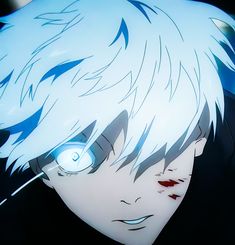 an anime character with white hair and blue eyes