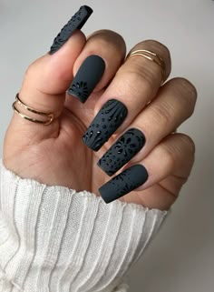 3D Barro negro inspired nails Black And Matte Nails, Black Cartoon Nails, Textured Nails Acrylic, Mexican Heritage Nails, Mate Nail Design, Black Nails With Matte Design, Black Nails With 3d Design, Black On Black French Tip Nails, Mariachi Nails