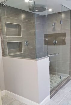 a walk in shower sitting inside of a bathroom