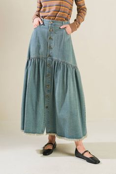 A washed denim midi skirt featuring button down, side pocket, frayed hem and back pockets Details: Self : 90% Cotton 10% Polyester Size & Fit - Model is 5`9" And Wearing Size Small- Measurements Taken From Size Small- Approx. Length: 38" Wide Leg Denim Skirt With Frayed Hem, Dark Wash Button-up Cotton Skirt, Denim Blue Button-up Cotton Skirt, Button-up Denim Blue Cotton Skirt, Summer Button-up Light Wash Denim Skirt, Summer Light Wash Button-up Denim Skirt, Light Wash Button-up Denim Skirt For Summer, Spring Medium Wash Button-up Denim Skirt, Washed Blue Denim Skirt With Frayed Hem