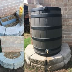 a large wooden barrel sitting next to a brick wall in front of a garden area