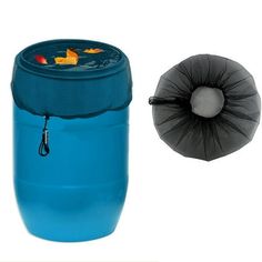 a large blue water bottle next to a small black bag with an orange fish in it