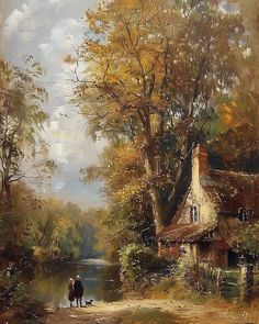 an oil painting of two people walking down a path by a river with a house in the background