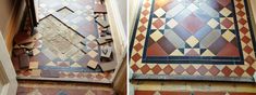 before and after pictures of an old tiled floor being remodeled with new grouting