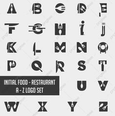 the initial food - restaurant logo set is shown in black and white, as well as letters