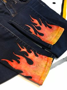 Design On Jeans, Flame Jeans, Paint Shorts, Hand Painted Jeans, Paint Aesthetic, Denim Hot Pants, Womens Jogger