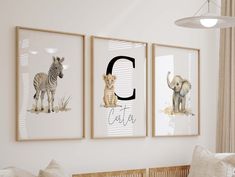 three framed pictures hang on the wall above a crib in a baby's room