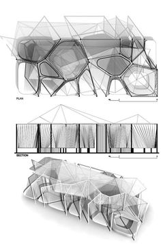 three different views of an outdoor seating area with chairs and tables on each side, one in