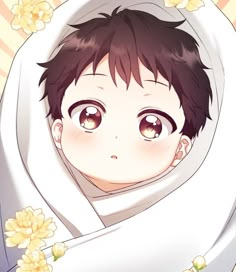 an anime character with brown eyes wearing a white shawl and flowers around her neck