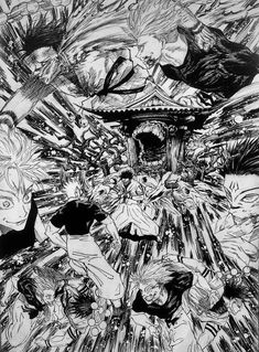 an anime scene with many people in black and white