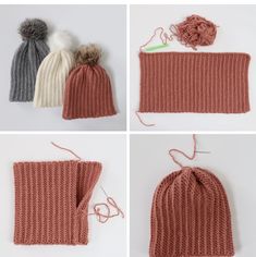 four different knitted beanies with pom - poms