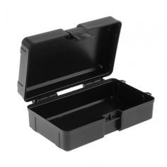 an open black plastic box with two compartments on the inside and one in the middle