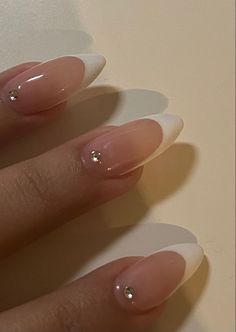 nude base with a white french tip and diamanté gems Nail Classic Designs, Makijaż Sugar Skull, Proposal Nails, Paznokcie Hello Kitty, Kutek Disney, Pinterest Nails, Colorful Nails, Casual Nails, Classy Acrylic Nails