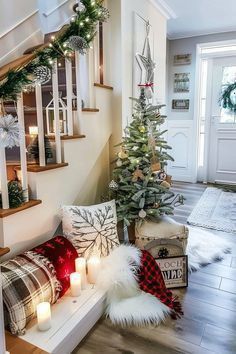 christmas decorations on the stairs in a home