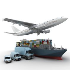 an airplane is flying over a cargo ship and cars in front of it on a white background