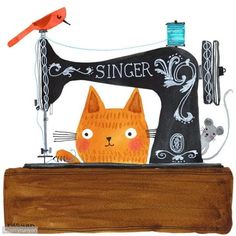 an orange cat sitting in front of a sewing machine with a red bird on top