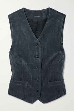 GOLDSIGN's 'The Orten' vest looks just as cool layered over your favorite basics or styled alone with jeans and tailoring. Cut from soft cotton-corduroy, it has a loose fit and comes in a versatile 'Graphite' shade. Corduroy Gilet, Brown Cotton Vest Outerwear, V-neck Workwear Vest With Button Closure, Vest Looks, Vintage Brown Cotton Vest, Corduroy Vest, Canada Clothes, Tweed Vest, Wool Waistcoat