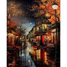 a painting of a city street at night with autumn leaves on the trees and buildings