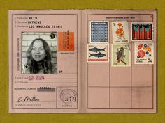 an open passport with stamps and pictures on the front cover, including a woman's face