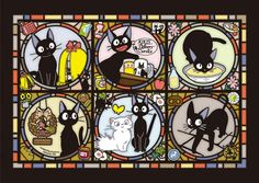 four black cats sitting in front of a stained glass window with words written on it