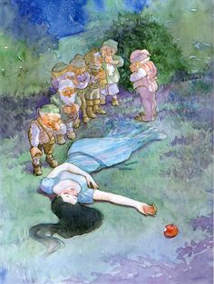 a painting of a woman laying on the ground with other people surrounding her and an apple