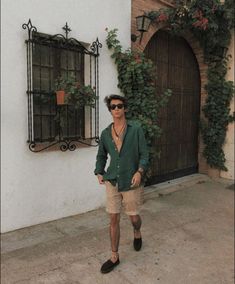 Spain Outfit Ideas Summer Men, Mediterranean Men Style, Green Jacket Brown Pants, Italian Men Outfit Summer, European Summer Mens Fashion, Italian Summer Aesthetic Outfit Men, Bali Men Outfit, Men’s European Fashion Summer, Men Italy Outfit Summer