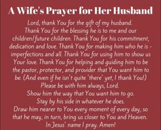 a poem written in white on a red background with the words,'a wife's prayer for her husband