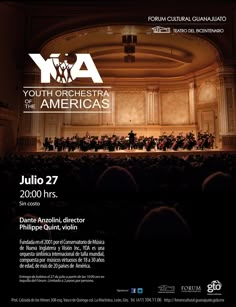 an event poster for youth orchestra in the americas, which is being held on july 27